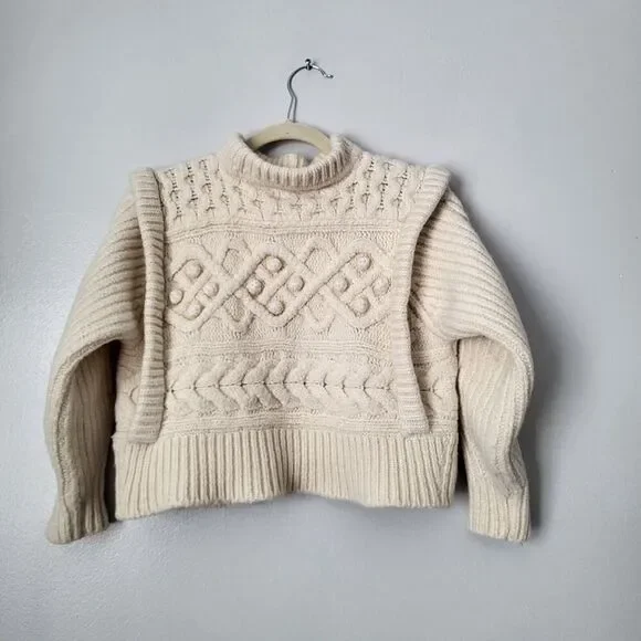Isabel Marant Milane Cropped Cable Knit Merino Wool Sweater Ivory Sz 34 …